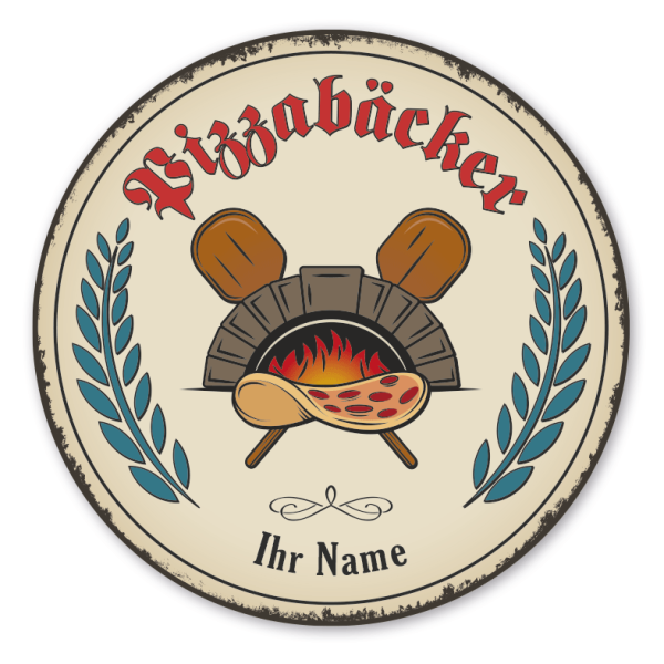 Maibaumschild / Festschild mit Zunftwappen Pizzabäcker - mit Zunftnamen und Ihrem Ortsnamen oder Wunschtext - Rundes Wappen - Retro