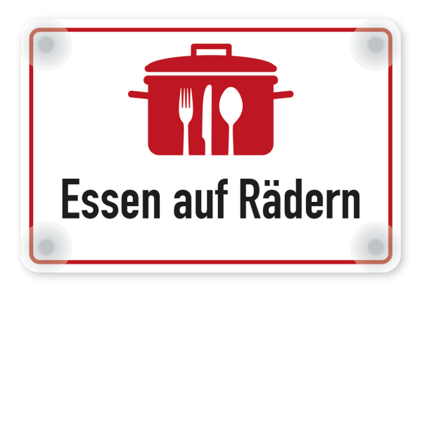 Saugnapfschild Essen auf Rädern - für alle glatten Flächen - mit Ihrem Wunschtext oder Logo – 300 x 200 mm mit 4 Saugnäpfen