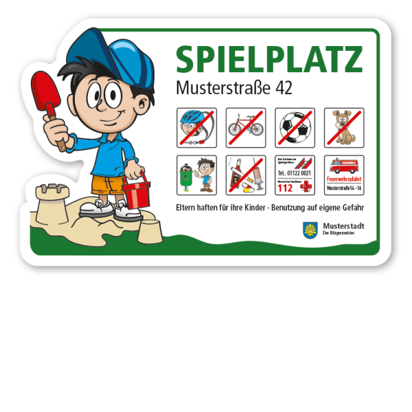 Formgefrästes Spielplatzschild Spielplatz - mit Sandkasten und 8 frei zu wählenden Piktogrammen – Schilderserie SP-01