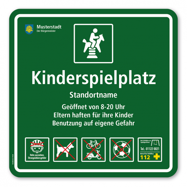 Spielplatzschild - Kinderspielplatz - mit Federwippe - mit 5 frei zu wählenden Piktogrammen - quadratisch – Schilderserie SP-03
