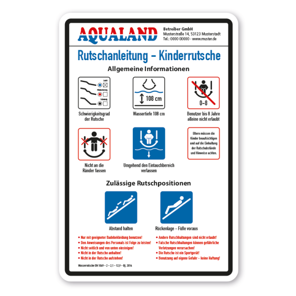 Schild für Wasserrutschen - Kinderrutsche - Rutschanleitung - nach EN 1069