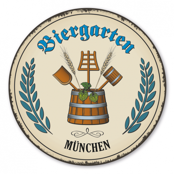 Maibaumschild / Festschild Biergarten mit Zunftwappen Bierbrauer und Ihrem Ortsnamen oder Wunschtext - Rundes Wappen - Retro