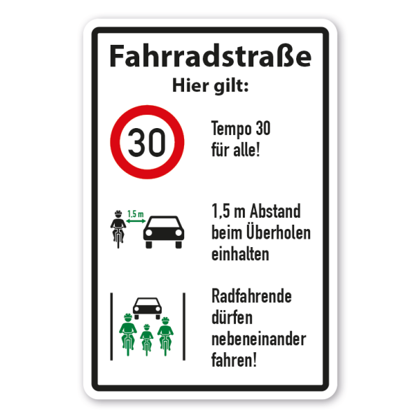Schild Fahrradstraße - Hier gilt - Tempo 30 für alle - 1,5 m Abstand beim Überholen - Radfahrende dürfen nebeneinander fahren
