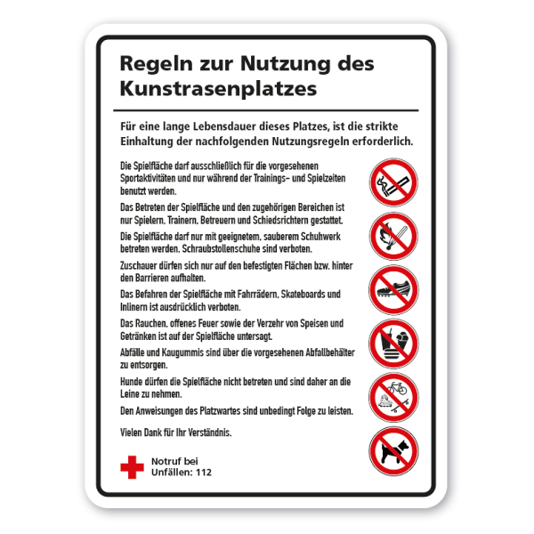 Hinweisschild Regeln zur Nutzung des Kunstrasenplatzes – mit Verbotspiktogrammen