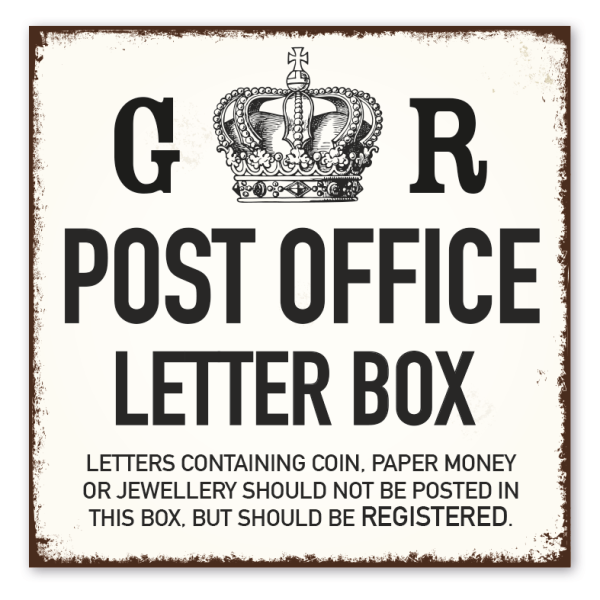 Retro Schild G R Post Office - Letter Box - mit Krone