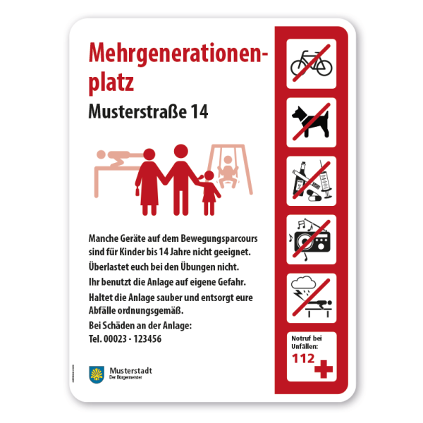 Spielplatzschild - Mehrgenerationenplatz mit 6 frei zu wählenden Piktogrammen – Schilderserie SP-05