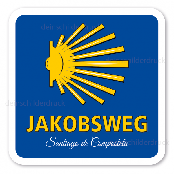 Wegweiser Jakobsweg - Santiago de Compostela - mit Jakobsmuschel – linksweisend