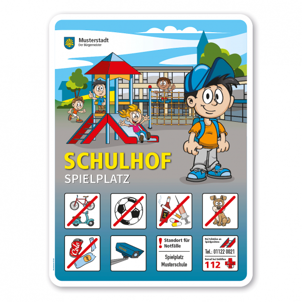 Spielplatzschild Schulhof-Spielplatz mit 8 frei zu wählenden Piktogrammen – Schilderserie SP-01