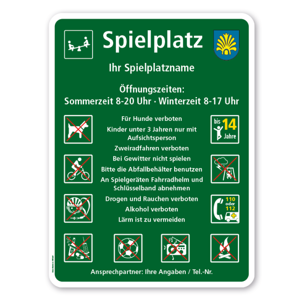 Spielplatzschild - Spielplatz - mit kleinem Wappen und 10 frei zu wählenden Piktogrammen – Schilderserie SP-03