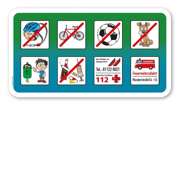 Spielplatzschild Zusatzschild mit 8 frei zu wählenden Piktogrammen – Schilderserie SP-01