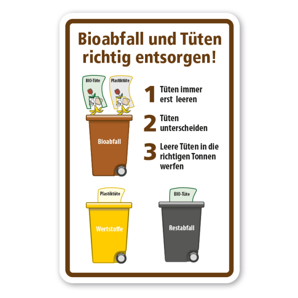 Schild zur Abfallentsorgung Bioabfall und Tüten richtig entsorgen