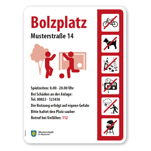 Spielplatzschild - Bolzplatz - Torwand - mit 6 frei zu wählenden Piktogrammen – Schilderserie SP-05