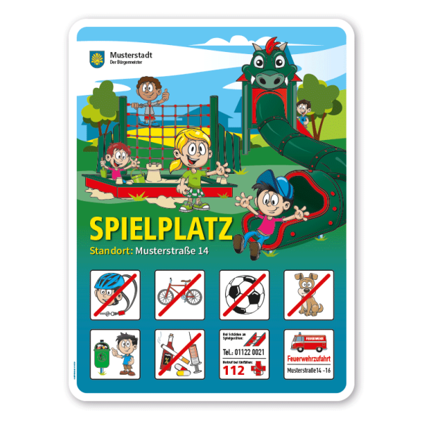Spielplatzschild Drachenspielplatz - mit Tunnelrutsche - mit 8 frei zu wählenden Piktogrammen – Schilderserie SP-01