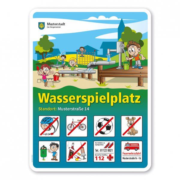 Spielplatzschild Wasserspielplatz - mit 8 frei zu wählenden Piktogrammen – Schilderserie SP-01