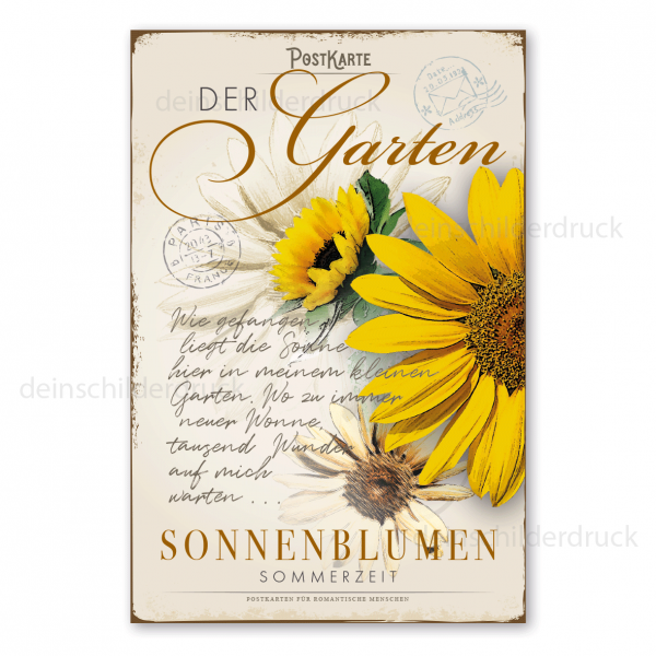 Retro Schild im Stil einer nostalgischen Postkarte - Der Garten - Sonnenblumen - auch mit Ihrem Wunschtext