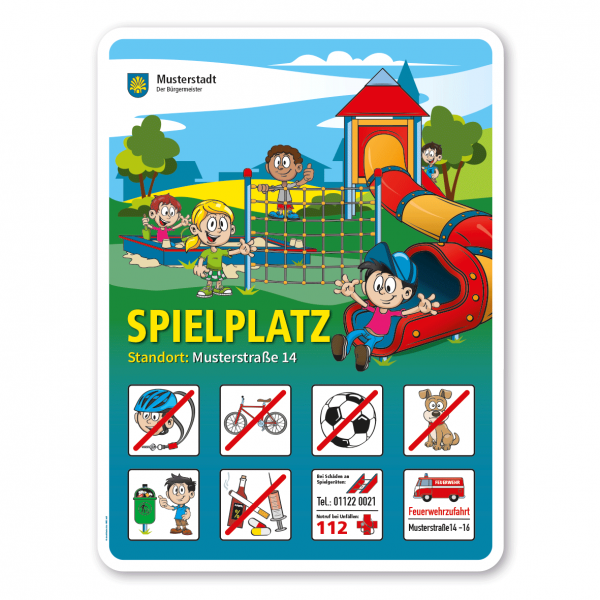 Spielplatzschild Spielplatz - Tunnelrutsche - mit 8 frei zu wählenden Piktogrammen – Schilderserie SP-01