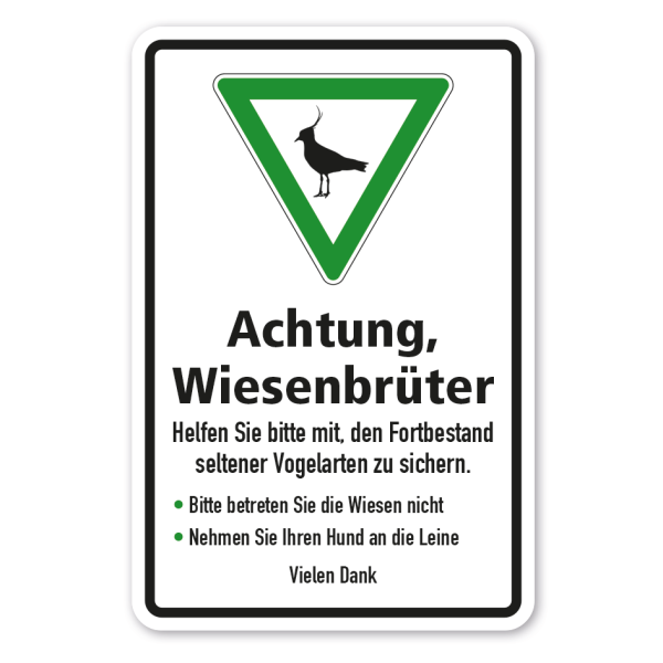 Verkehrsschild Achtung Wiesenbrüter - Kiebitz - Helfen Sie bitte mit, den Fortbestand seltener Vogelarten zu sichern