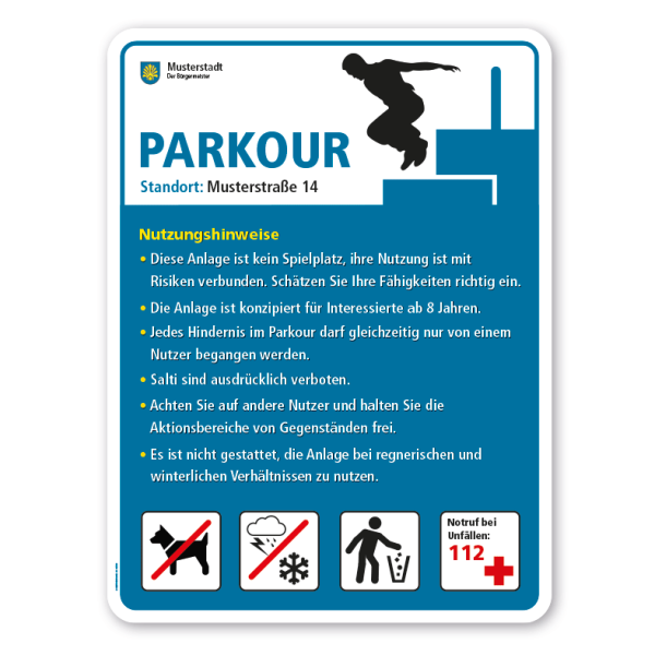Sportplatzschild - Parkour mit 4 frei zu wählenden Piktogrammen – Schilderserie SP-02-B