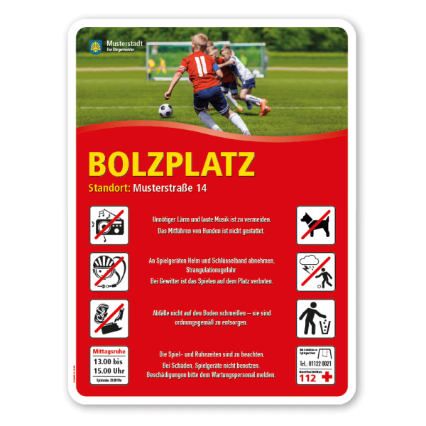 Spielplatzschild - Bolzplatz mit 8 frei zu wählenden Piktogrammen (hoch) – Schilderserie SP-02