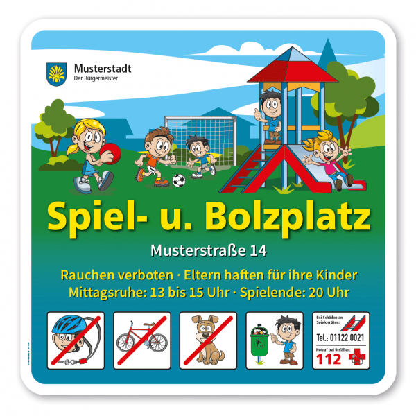 Spielplatzschild Spiel- und Bolzplatz - mit 5 frei zu wählenden Piktogrammen - 600 x 600 mm – Schilderserie SP-01