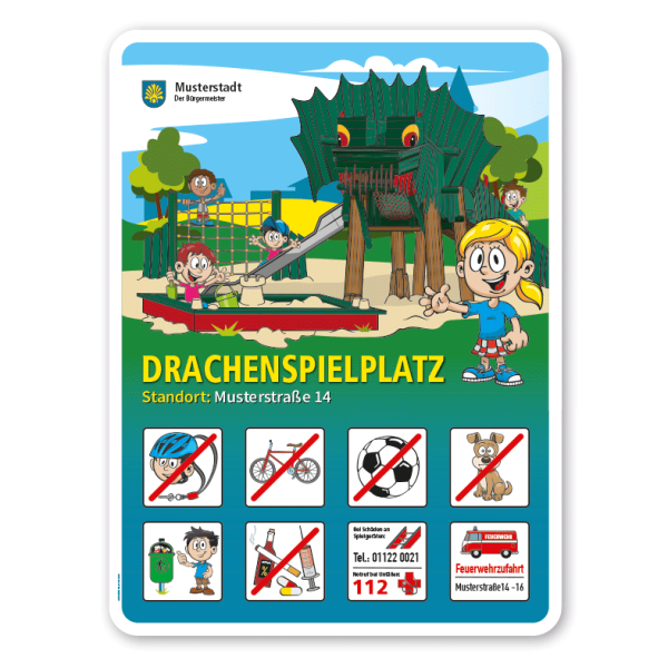 Spielplatzschild Drachenspielplatz - mit 8 frei zu wählenden Piktogrammen – Schilderserie SP-01