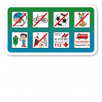 Spielplatzschild Zusatzschild mit 8 frei zu wählenden Piktogrammen – Schilderserie SP-01 Spielplatzschild Zusatzschild mit 8 frei zu wählenden Piktogrammen – Schilderserie SP-01