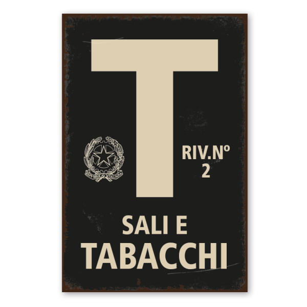 Retroschild / Vintage-Schild Sali e tabacchi - mit Emblem und RIV.Nr. 2 - schwarz - Tabakladenschild