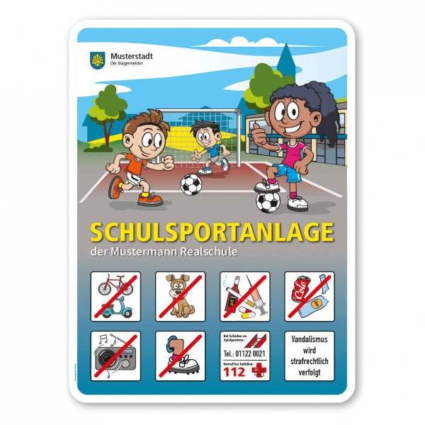 Schulhofschild Schulsportanlage mit 8 frei zu wählenden Piktogrammen - mit Fußballspielfeld – Schilderserie SP-01