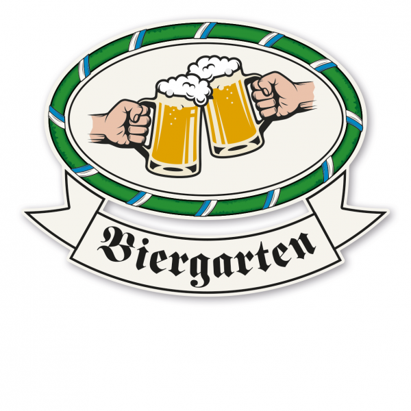 Festschild - Biergarten mit Kranz und zwei Bierkrügen in Händen - Maibaumschild