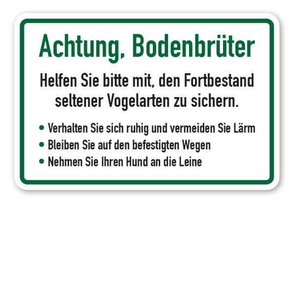 Tierschutzschild Achtung, Bodenbrüter - Helfen Sie mit, den Fortbestand seltener Vogelarten zu sichern