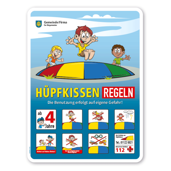 Spielplatzschild Hüpfkissen-Regeln - mit 8 frei zu wählenden Piktogrammen – Schilderserie SP-01