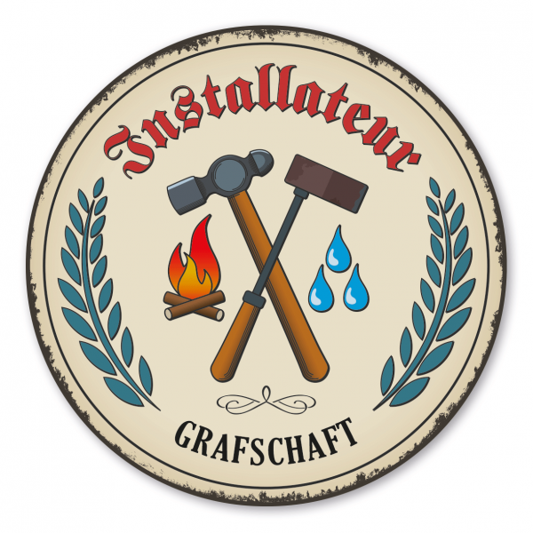 Maibaumschild / Festschild mit Zunftwappen Installateur - Heizungsbau - Sanitär - mit Zunftnamen und Ihrem Ortsnamen oder Wunschtext - Rundes Wappen - Retro