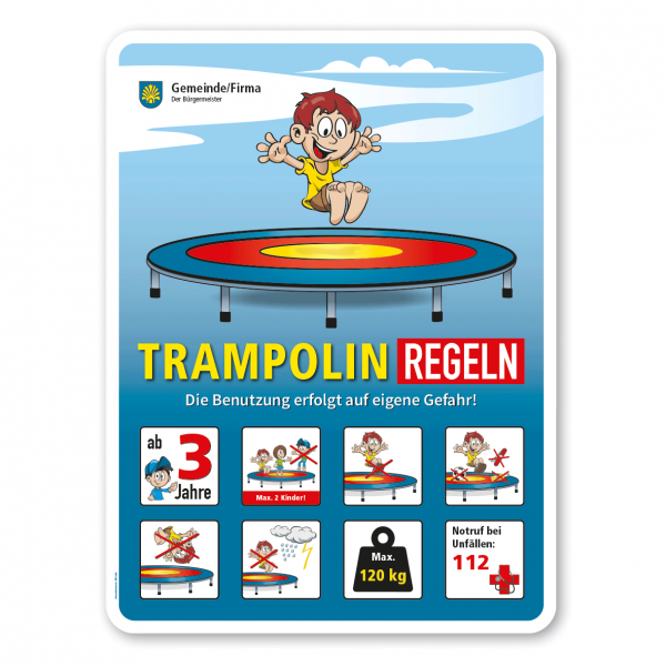 Spielplatzschild Trampolin-Regeln - mit 8 frei zu wählenden Piktogrammen – Schilderserie SP-01