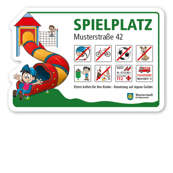 Formgefrästes Spielplatzschild Spielplatz - mit Tunnelrutsche und 8 frei zu wählenden Piktogrammen – Schilderserie SP-01