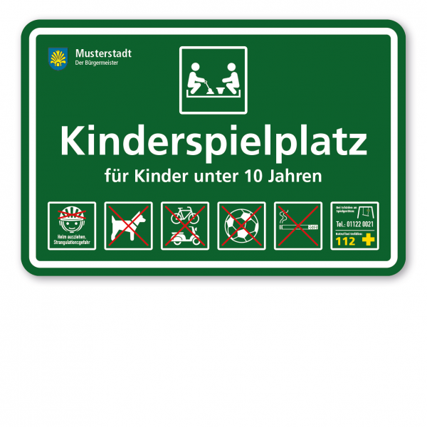 Spielplatzschild - Kinderspielplatz - mit Sandkasten - mit 6 frei zu wählenden Piktogrammen – Schilderserie SP-03