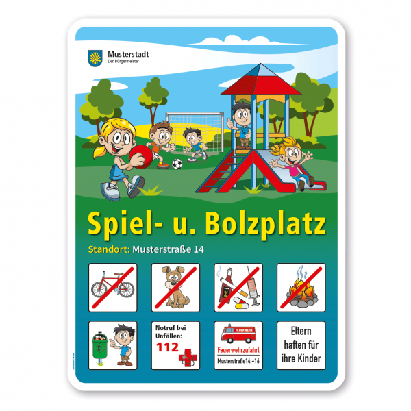 Spielplatzschild Spiel- und Bolzplatz - mit 8 frei zu wählenden Piktogrammen – Schilderserie SP-01