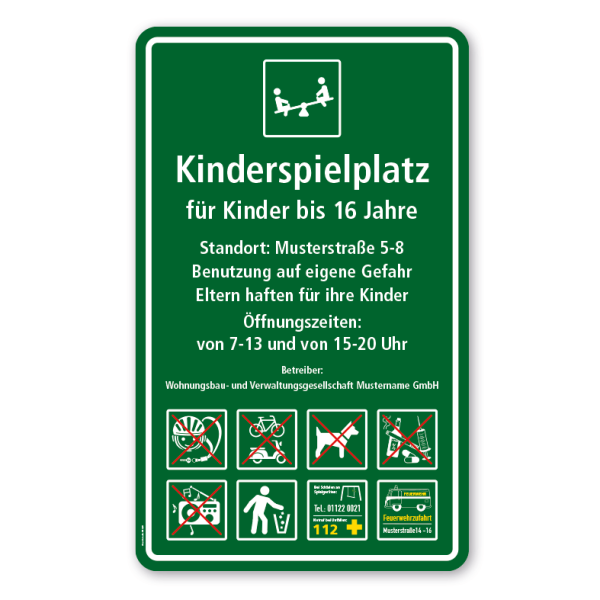 Spielplatzschild - Kindespielplatz für Kinder bis 16 Jahre - Wippe - mit Zusatztexten und 8 Piktogrammen – Schilderserie SP-03