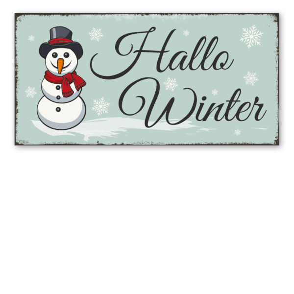 Retro Schild Hallo Winter - mit Schneemann