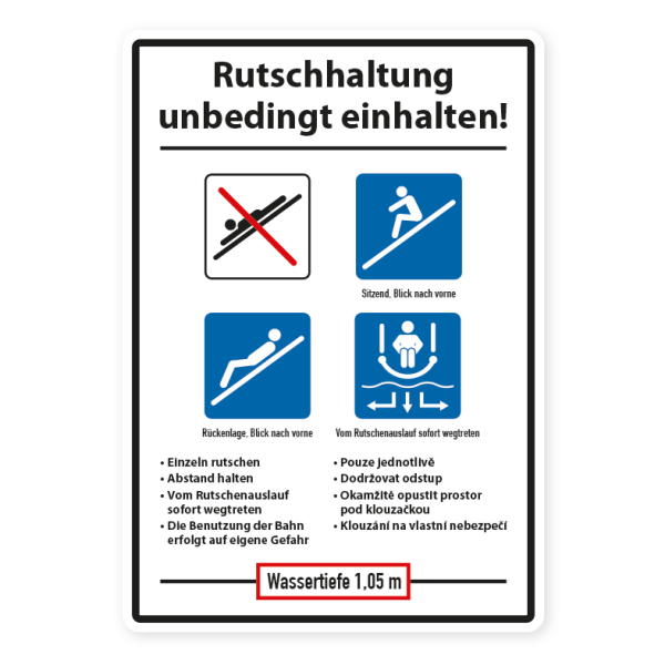 Schild für Wasserrutschen - Rutschhaltung unbedingt einhalten - mit Wassertiefe - nach DIN EN 1069-2:2017 - Deutsch - Tschechisch