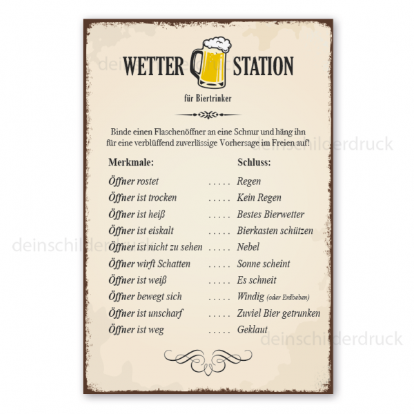 Schild Wetterstation für Biertrinker - Wettervorhersage mit einem Flaschenöffner - im Retro Look