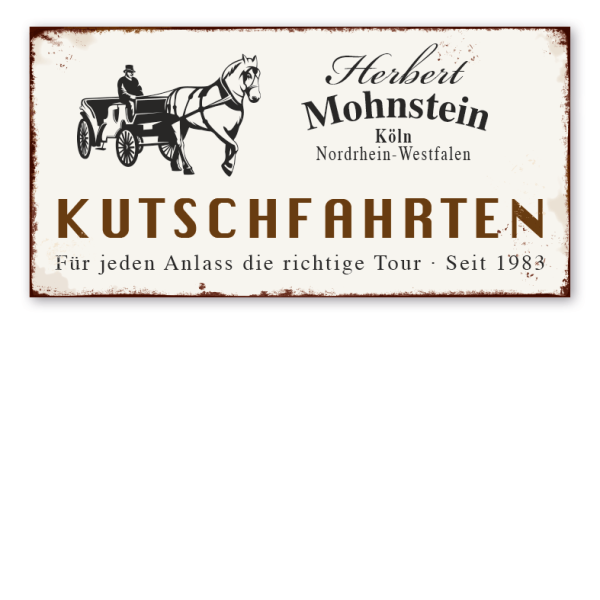 Retro Farmhouse-Schild Kutschfahrten - Für jeden Anlass die richtige Tour - mit Ihrem Namen, Standort und Jahresangabe