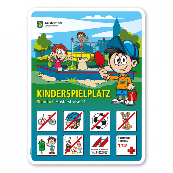 Spielplatzschild Kinderspielplatz mit 8 frei zu wählenden Piktogrammen – Schilderserie SP-01