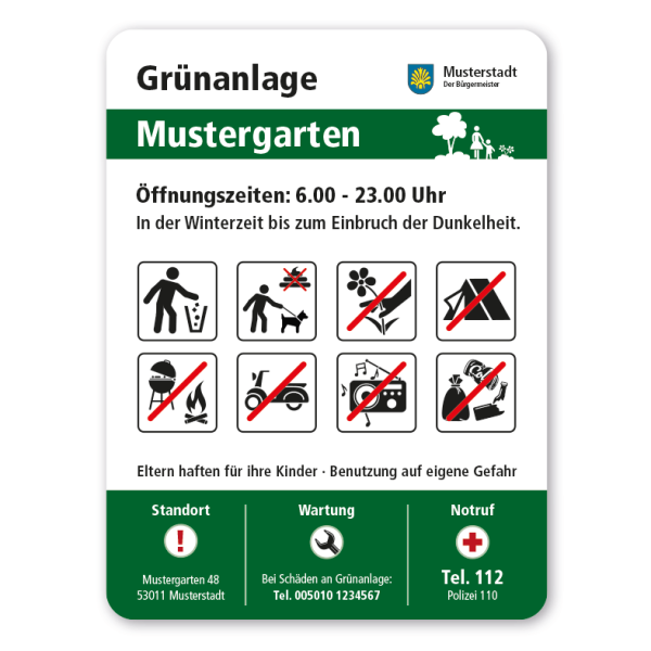 Schild zur Kennzeichnung von Grünanlagen mit 8 frei zu wählenden Piktogrammen – Schilderserie GF