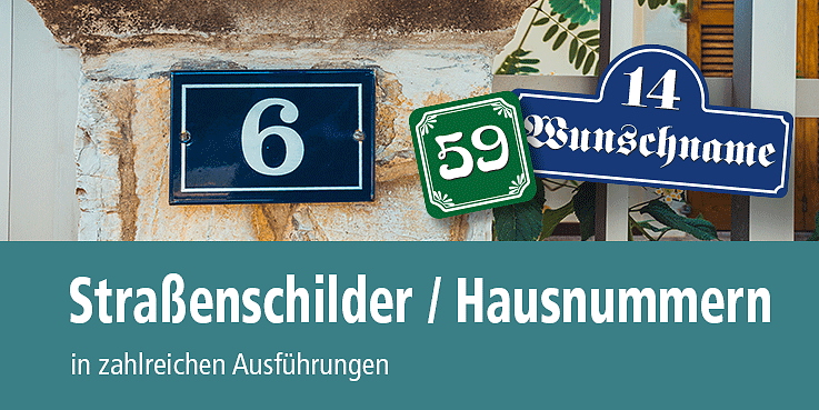 Straßenschilder und Hausnummern in zahlreichen Varianten von