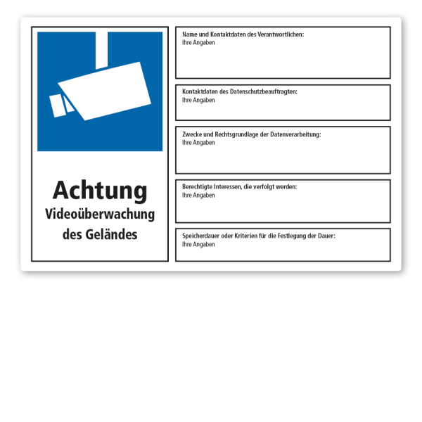 Hinweisschild Videoüberwachung des Geländes nach DSGV – Informationen nach Art. 13 der Datenschutz-Grundverordnung bei Videoüberwachung - Symbol links