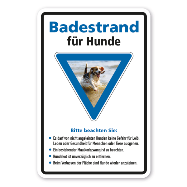 Hinweisschild Badestrand für Hunde - mit Regeln - Vorfahrtsschild