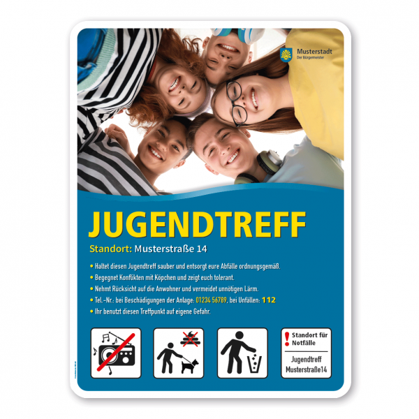 Freizeitschild - Jugendtreff mit 4 frei zu wählenden Piktogrammen – Schilderserie SP-02