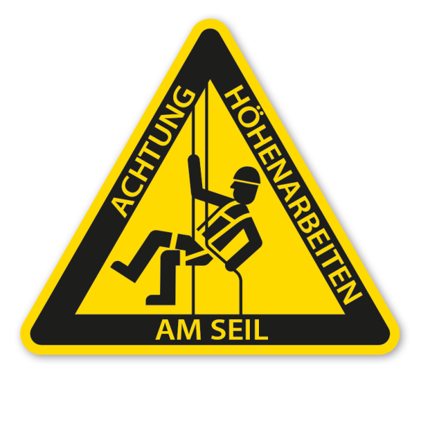 Warnzeichen Warnung vor Höhenarbeiten am Seil - Industriekletterer - mit Text