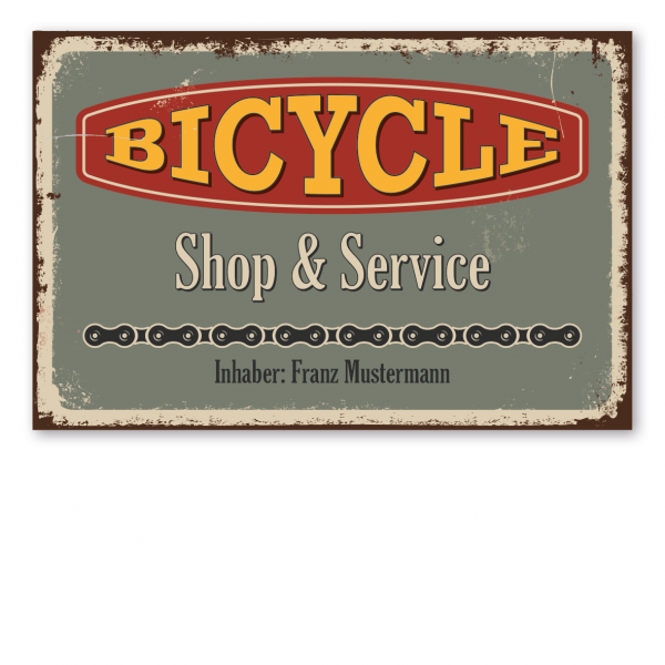 Retroschild / Vintage-Schild Fahrradschild Bicycle - Shop & Service - mit Ihrem Namenseindruck – Werkstattschild