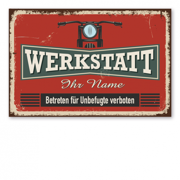 Retroschild / Vintage-Schild Motorradwerkstatt - mit Ihrem Namenseindruck